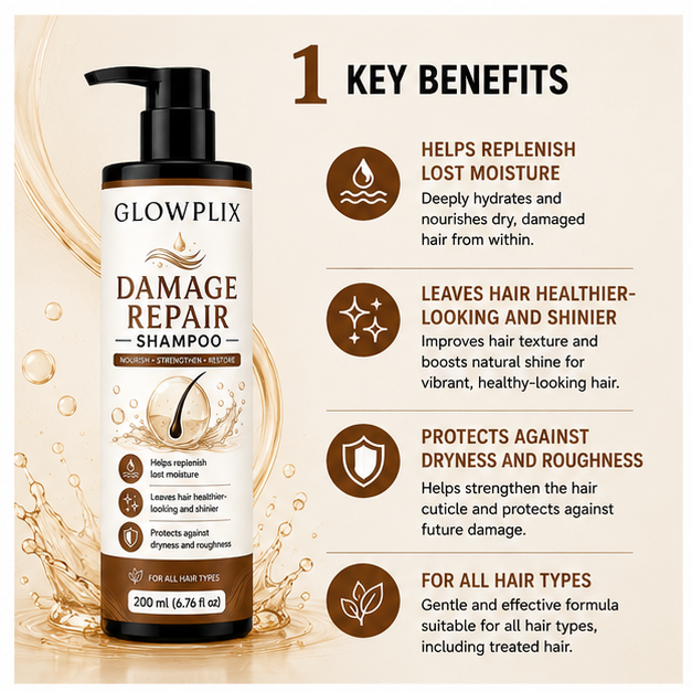Glowplix Damage Repair Shampoo for All Hair Types, 200 ml