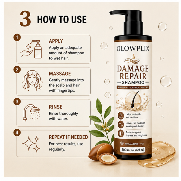 Glowplix Damage Repair Shampoo for All Hair Types, 200 ml