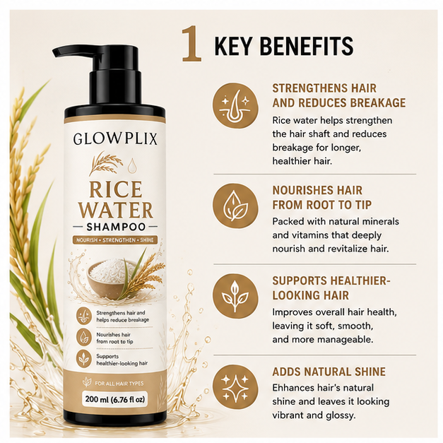 Glowplix Rice Water Shampoo for All Hair Types, 200 ml
