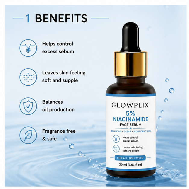 GLOWPLIX 5% Niacinamide Face Serum | Lightweight Daily Facial Serum for Balanced & Smooth-Looking Skin | Helps Control Excess Sebum | Suitable for All Skin Types | 30 ml