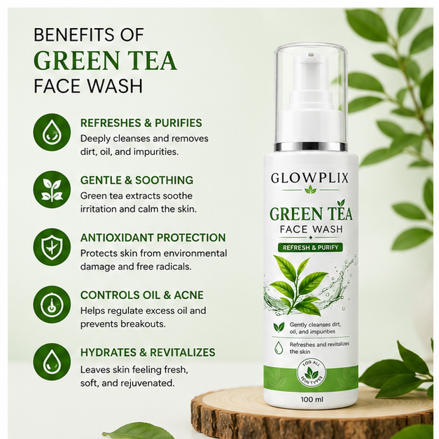 Glowplix Green Tea Face Wash, Refresh & Purify, 100 ml