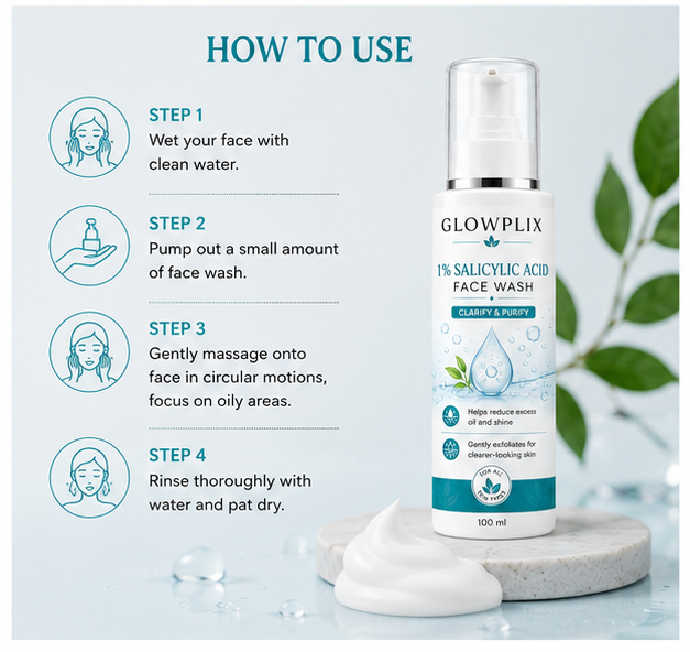GLOWPLIX 1% Salicylic Acid Face Wash | Deep Cleansing Daily Facial Cleanser for Oily & Blemish-Prone Skin | Helps Control Excess Oil, Gently Exfoliates & Promotes Clear-Looking Skin | 100 ml