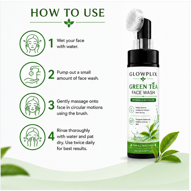 Glowplix Green Tea Face Wash with Brush, 150 ml