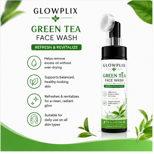 Glowplix Green Tea Face Wash with Brush, 150 ml