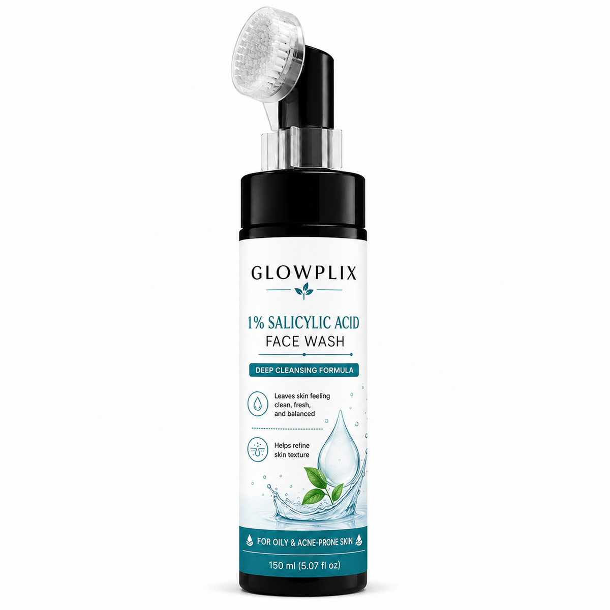GLOWPLIX 1% Salicylic Acid Face Wash with Built-in Silicone Brush | Deep Cleansing Daily Facial Cleanser for Oily & Acne-Prone Skin | Helps Control Excess Oil, Gently Exfoliates & Refines Skin Texture | 150 ml