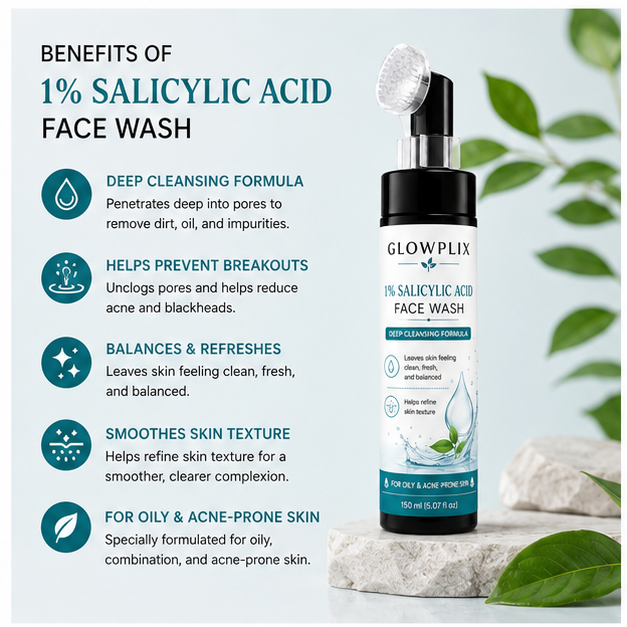 GLOWPLIX 1% Salicylic Acid Face Wash with Built-in Silicone Brush | Deep Cleansing Daily Facial Cleanser for Oily & Acne-Prone Skin | Helps Control Excess Oil, Gently Exfoliates & Refines Skin Texture | 150 ml