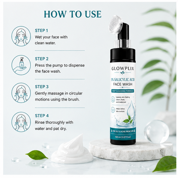 GLOWPLIX 1% Salicylic Acid Face Wash with Built-in Silicone Brush | Deep Cleansing Daily Facial Cleanser for Oily & Acne-Prone Skin | Helps Control Excess Oil, Gently Exfoliates & Refines Skin Texture | 150 ml