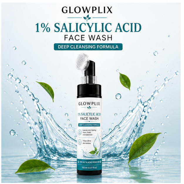 GLOWPLIX 1% Salicylic Acid Face Wash with Built-in Silicone Brush | Deep Cleansing Daily Facial Cleanser for Oily & Acne-Prone Skin | Helps Control Excess Oil, Gently Exfoliates & Refines Skin Texture | 150 ml
