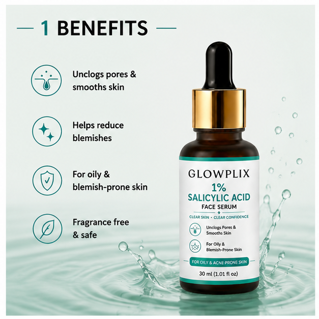 GLOWPLIX 1% Salicylic Acid Face Serum | Lightweight Daily Facial Serum for Oily & Blemish-Prone Skin | Helps Unclog Pores & Smooth Skin Texture | 30 ml