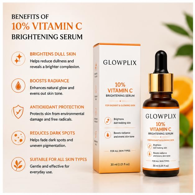 Glowplix 10% Vitamin C Brightening Serum for All Skin Types, 30 ml