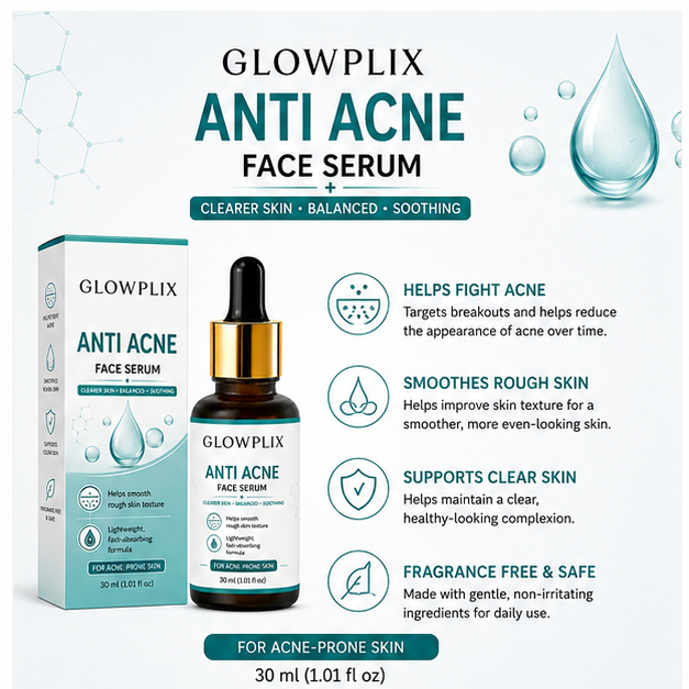 GLOWPLIX Anti Acne Face Serum, Lightweight Fast-Absorbing Facial Serum for Acne-Prone & Rough-Looking Skin, Supports Clear & Balanced-Looking Skin, 30 ml
