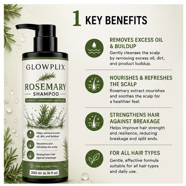 Glowplix Rosemary Shampoo for All Hair Types, 200 ml